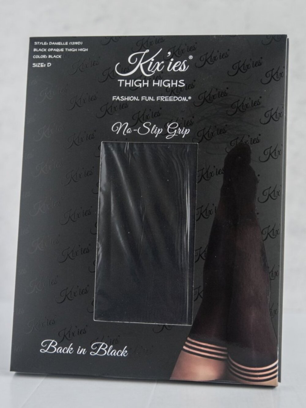 Kixies Danielle Back in Black No-Slip Grip Thigh Highs in size D